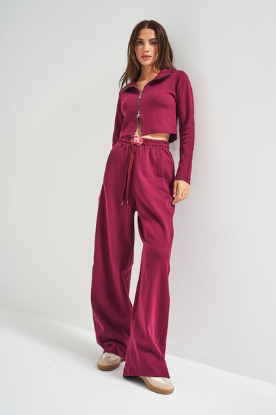 its basic Kadın Bordo Renk w5-35 Örme Kumaş Eşofman ve Fermuarlı Sweatshirt Alt Üst 2'li Kombin Takım