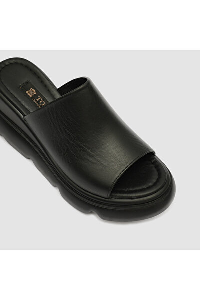 TOGO Siyah Hakiki Deri Kadın Dolgu Topuk Terlik [060267]