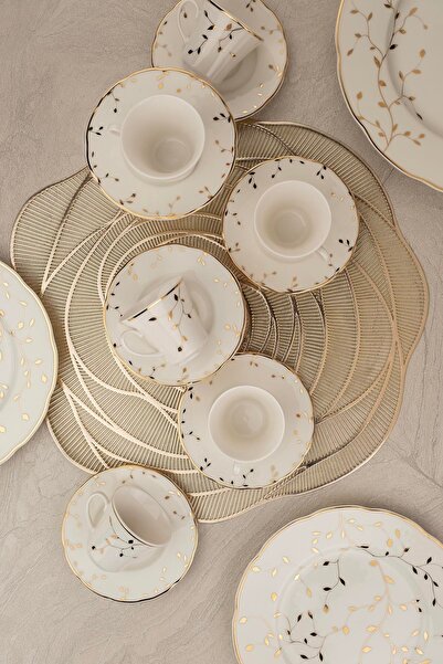 Kütahya Porselen Bone Olympos 12 Parça 6 Kişilik Kahve Takımı Leaves Golden