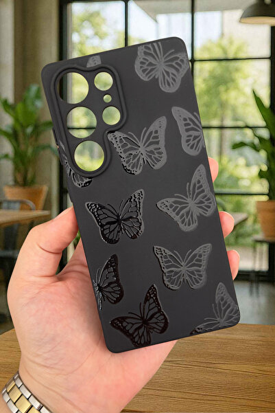 Vip Case Samsung Galaxy S25 Ultra -Siyah Kelebek Desenli Silikon Darbe Emici Klasik Korumalı Rubber Kılıf