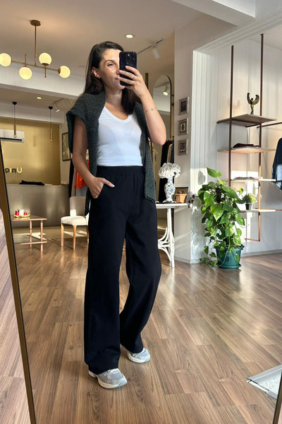 Unique Boutique Black Elastic Waist Gabardine Trousers