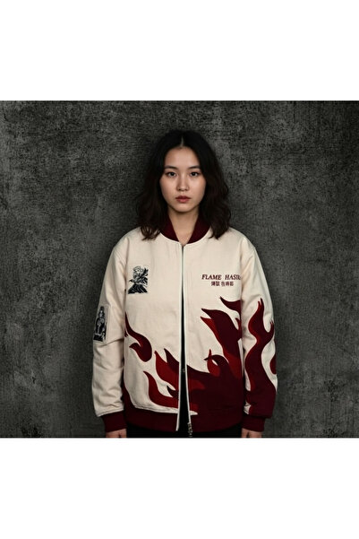 BALİNA Beige Anime Flame Hashira Kyojuro Rengoku Unisex Bomber Jacket -The Solo