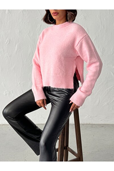 BEJNA Women's Pink Side Slit Basic Soft Knit Sweater