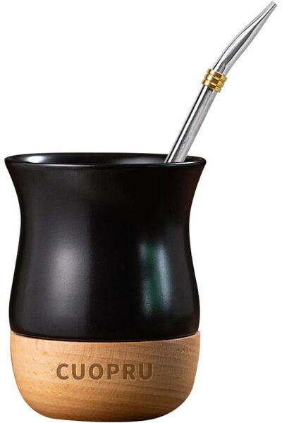 CUOPRU كوب يربا ميت سيراميكي سعة 8 أونصة مع قاعدة خشبية أصلية، يتضمن قرع ماتي...