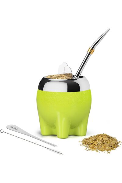 CUOPRU مجموعة أكواب يربا ماتي الفاخرة 5 في 1، تتضمن قرعًا من الفولاذ المقاوم للصدأ على شكل فيل لطيف، بومبيلا ستر