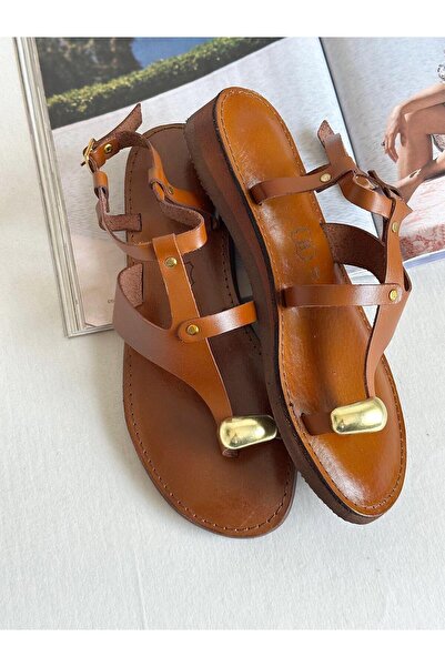 Zuum Pelas 100% Genuine Leather Ringed Flip-Flop Women's Sandals - Tan Leather