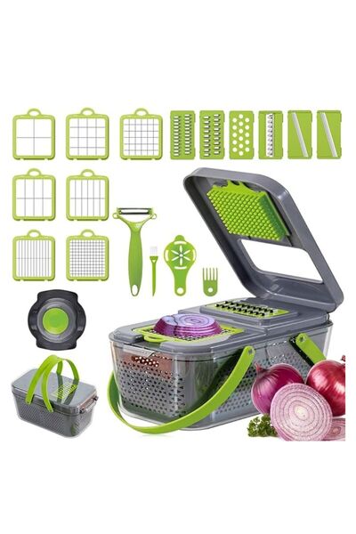 Impact Vision Răzătoare de bucătărie multifuncțională cu 22 de bucăți, lame din oțel inoxidabil, verde,