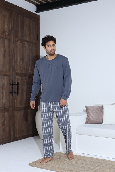 BOYRAZ Men's gray pajamas - button-down shirt with badge, long checked pants, 100% cotton