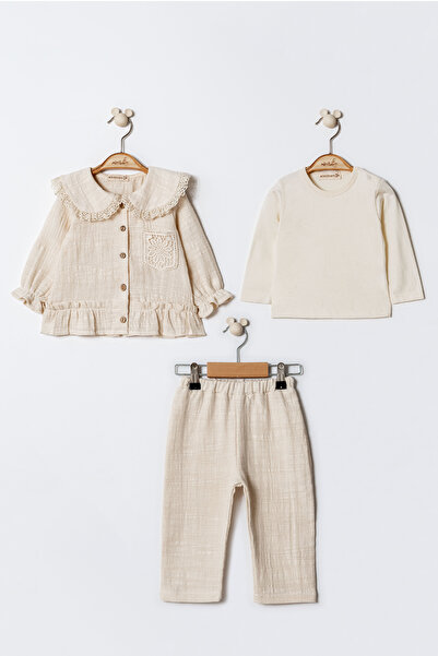 MİNİBORN Girl's Long Sleeve Natural Linen Big Baby Collar Jacket with Pocket Crochet Detail Three-Piece Set
