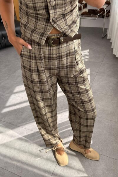 Le Savu Shilsee Women's Plaid Pattern Belted Pants Brown