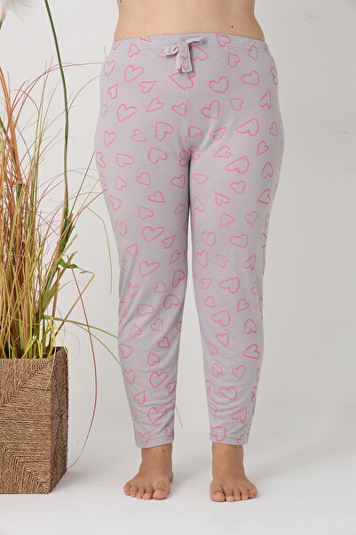 Serena Big Size Women's Pajama Pants, Gray with Pink Hearts, 85% Viscose, 15% Polyester