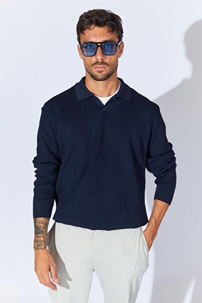 TENA Men's Navy Blue Footed V-Neck Ribbed Basic Knitwear