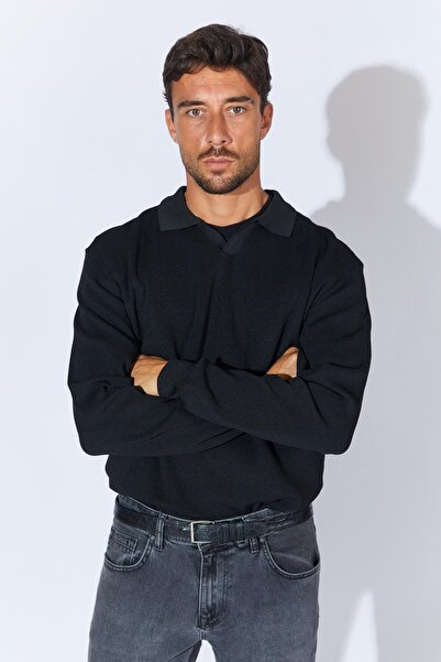 TENA Men's Black Footed V-Neck Ribbed Basic Knitwear