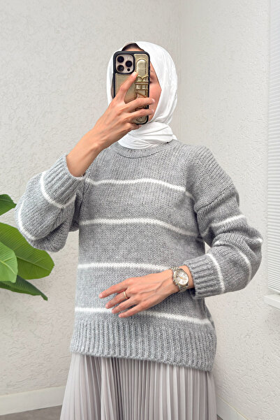 zhrcelebi سترة تريكو مخططة 00185 - رمادي