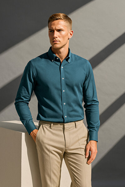 alenmeza Men's Petrol Blue Oxford Button down Collar Cotton Lycra Slim Fit Casual Pocketless Shirt