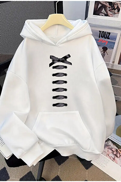 Toum Hanorac cu glugă oversize unisex cu imprimeu cu detaliu de panglică