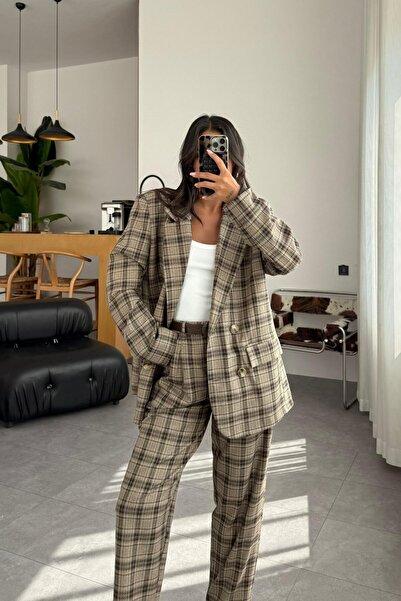 Le Savu SHILSEE ДАМСКО ПАЛТО С КАРИРАН ПАТЕРН И ОВЕРСАЙЗ КЪСИЦА КАФЯВО