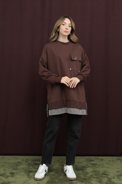 Puane Women's Brown Two-Thread Combed Cotton Fabric Pocket Tunic with Bronchial Detail 10720