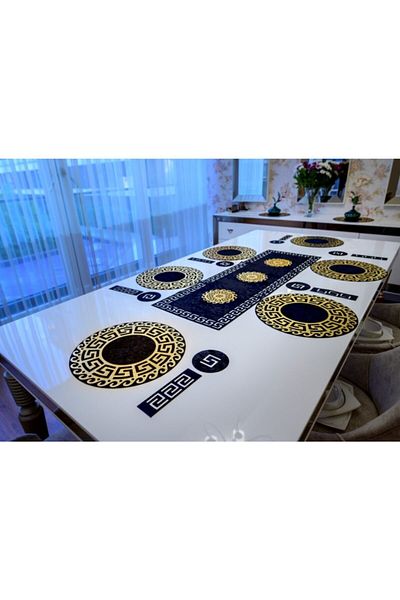SEHARA Folie din piele aurie brodată pe catifea neagră, 19 piese, set de prezentare pentru 6 persoane, negru/aurie