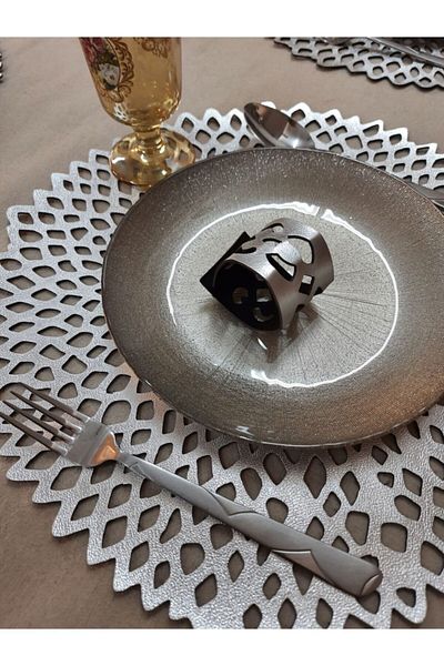 SEHARA American Service, Large Suppla 6 Τεμάχια 40cm Ασύμμετρο Στρογγυλό, 6 Δαχτυλίδια χαρτοπετσέτας/12 Τεμάχια S.δερμάτινο-ασημί-