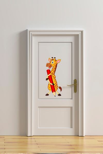 Sevimli Zürafa Ve Kalem Ana Okulu Ve Çocuk Odası Duvar Kapı Sticker