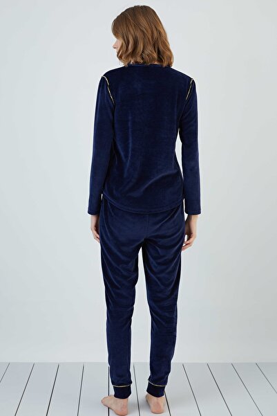 Sevim Lacivert 13268 Kadın Nakışlı Kadife Pijama Takım