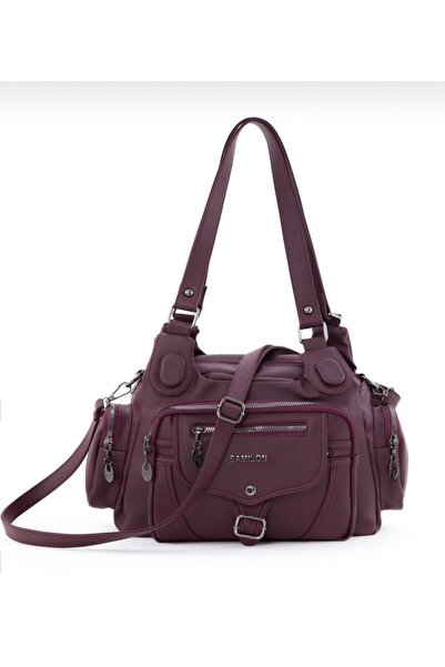 samilon Kadın Bordo Yıkama Deri Çok Gözlü Omuz Ve Kol Çantası