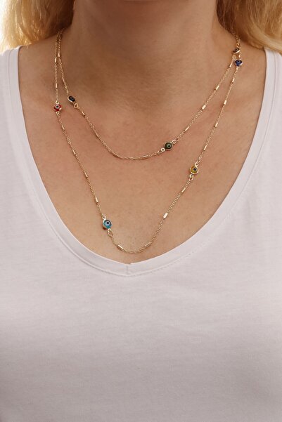 Genel Markalar Uzun Renkli Nazarlı Gold Kolye