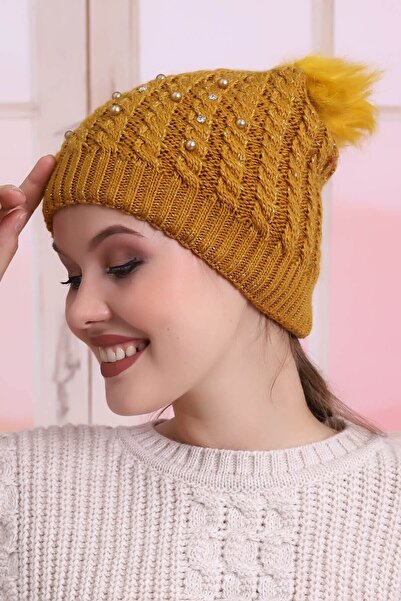 Deafox Mustard Colored Stoned Knitted Pattern Beret