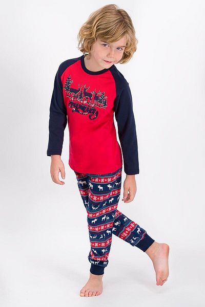 Arnetta Boy's Light Red-Navy Blue Deer Family Pajama Set