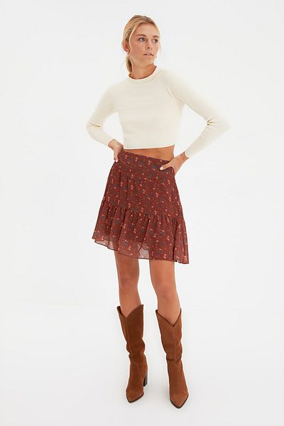 Trendyol Collection Brauner, gewebter Rock mit Blumenmuster TWOAW20ET0592