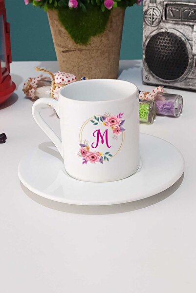 Hedizu Turkish Coffee Cup with Floral Letter M White