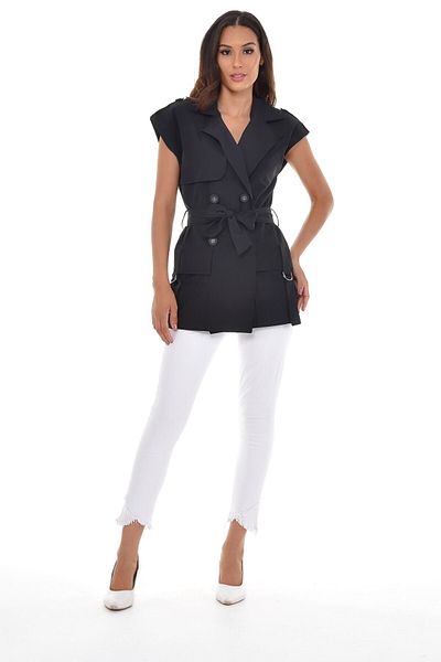 DISENTIS MODEST Mono Collar Windbreaker Flap Pocket Epaulets Self Belted Double Breasted Black Vest