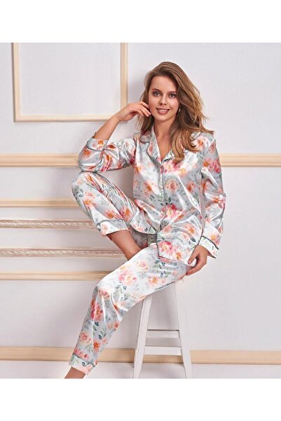 Freshness Set pijamale din satin pentru femei model 5654 - nasturi frontali si imprimeu cu flori