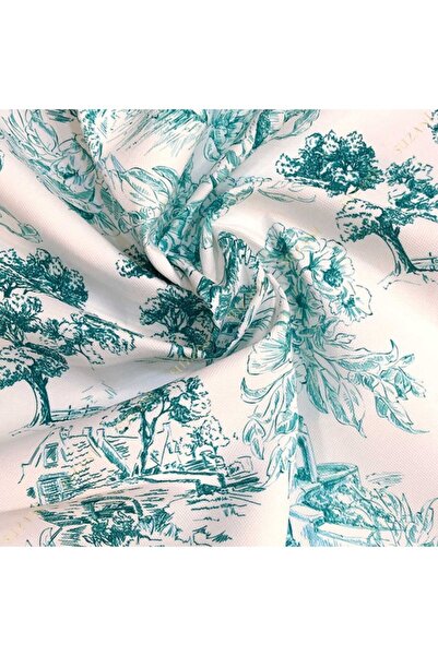 SUZANİ Toile De Jouy Stil Kır Evleri Desenli Dijital Baskılı Kumaş (turkuaz) ...