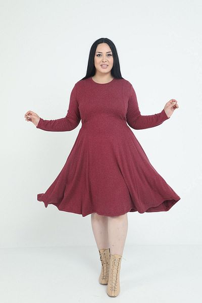 DISENTIS MODEST Plus Size Round Neck Pocket Waist Side Gathered Wool Viscose Midi Burgundy Dress