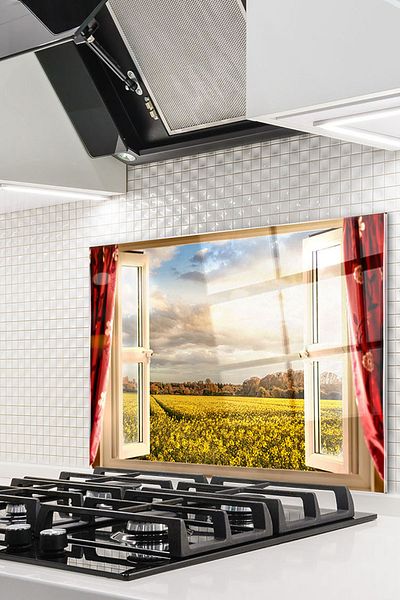 Olinpa 50X50 cm Glass Stove - Protective Back Countertop, Built-In and Window Detail