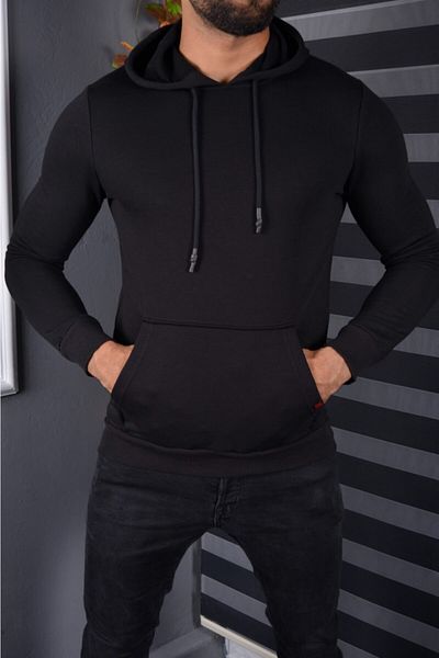 Tanzanit Men's Black Hooded Unzippered Kangaroo Pocket Quality and Stylish Sweatshirt Autumn Winter