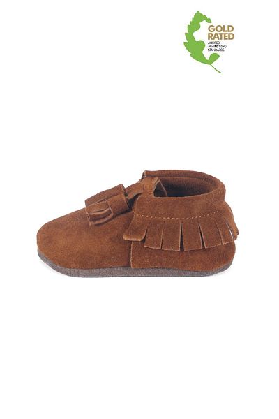 YoYo Junior Genuine Leather Tan Suede Baby Booties with Pompon Detail