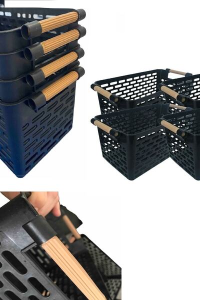 Hitfoni 4 Adet Ahşap Renk Plastik Saplı Organizer Sepet Düzenleyici (SİYAH)