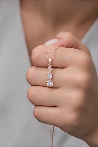 Nereze 925 Ayar Gümüş 3'lü Zirkon Taşlı Damla Tasarım Kolye