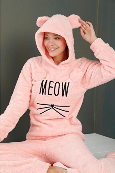 Pijamoni Wellsoft Peluş Kapşonlu Pudra Meow Pijama Takımı