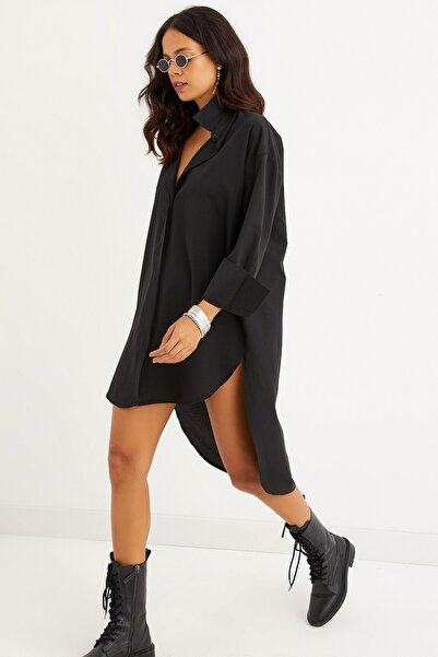 Cool & Sexy Kadın Siyah Gizli Düğmeli Tunik Gömlek Elbise SF1292