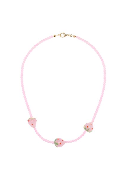 Neta Kadın Murano Cam Pembe Çilek Boncuk Kolye