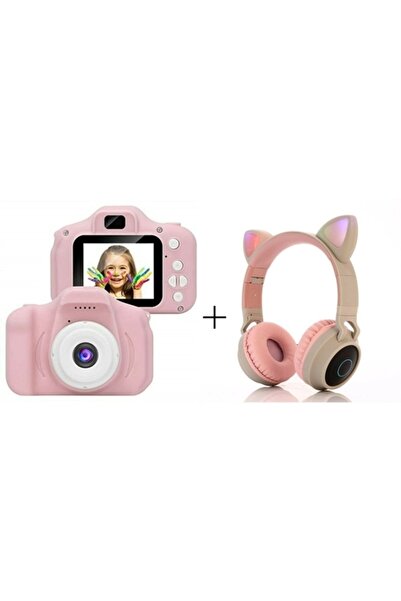 whitetech Çocuk Özel Set Pembe Mini Hd Çocuk Dijital Fotoğraf Makinesi+toz Pe...