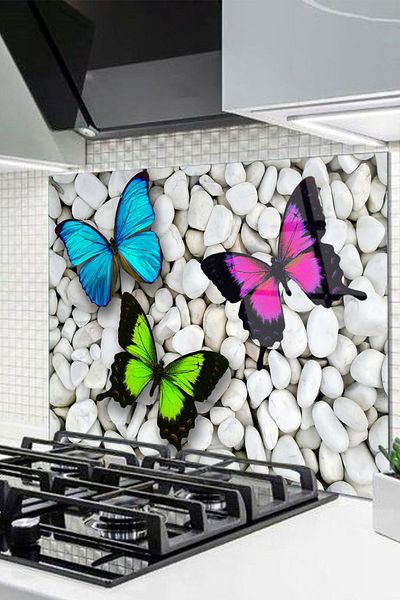 Olinpa 50X50 cm Glass Stove Back Protector Countertop Built-In Back Protector Butterfly