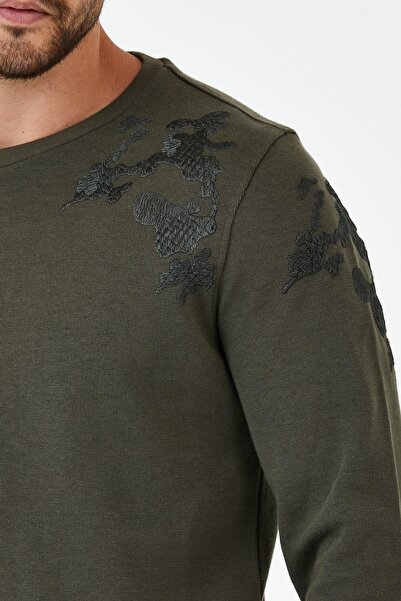 ENQUE Ανδρικό μακρύ φαρδύ χειμερινό χακί φούτερ με λαιμόκοψη