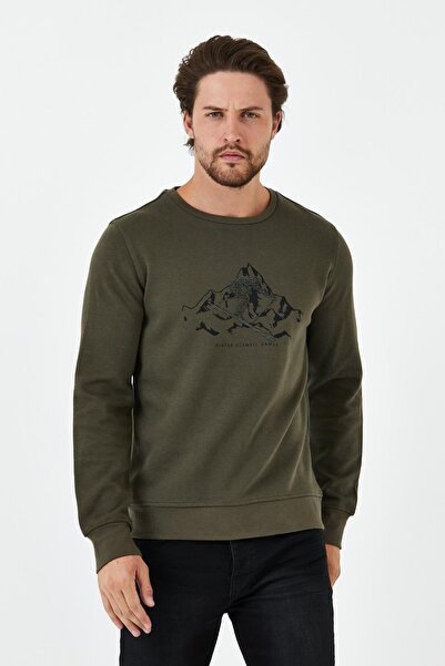 ENQUE Ανδρικό φούτερ Comfort με στάμπα με λαιμόκοψη Basic Khaki