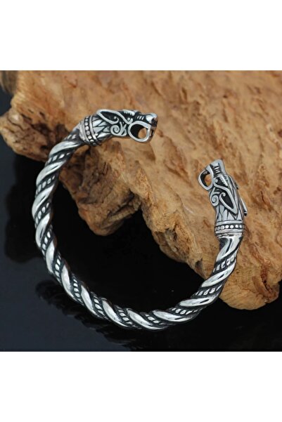 northstarshop Viking Wolf Head Scandinavian Nordic Handcuff Style Open Men's 316l Pure Steel Bracelet