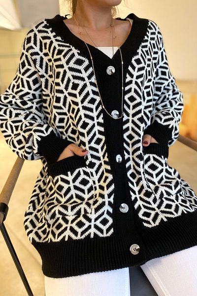 FEMELLE Damă, negru, mărime standard, model geometric, buzunar dublu, cu nasturi, tricotaj supradimensionat, cardigan lung